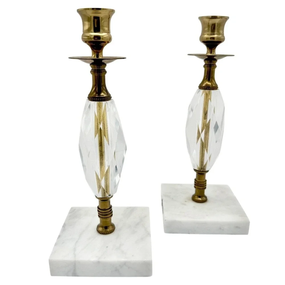 Vintage Marble, Crystal, Brass Italian Candlesticks Italy 10.5